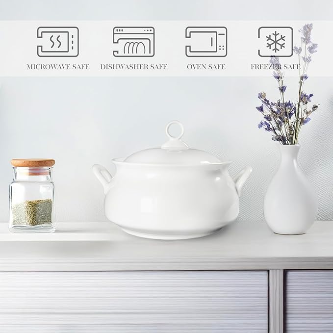 Ceramic Serving Soup Tureen Bowls with Lid and soup spoon, 2.4 QT White French Serving Tureen, Lovely Soup Pot for Casserole dish Salad Pasta Noodles Stew, Microwave Dishwasher Safe