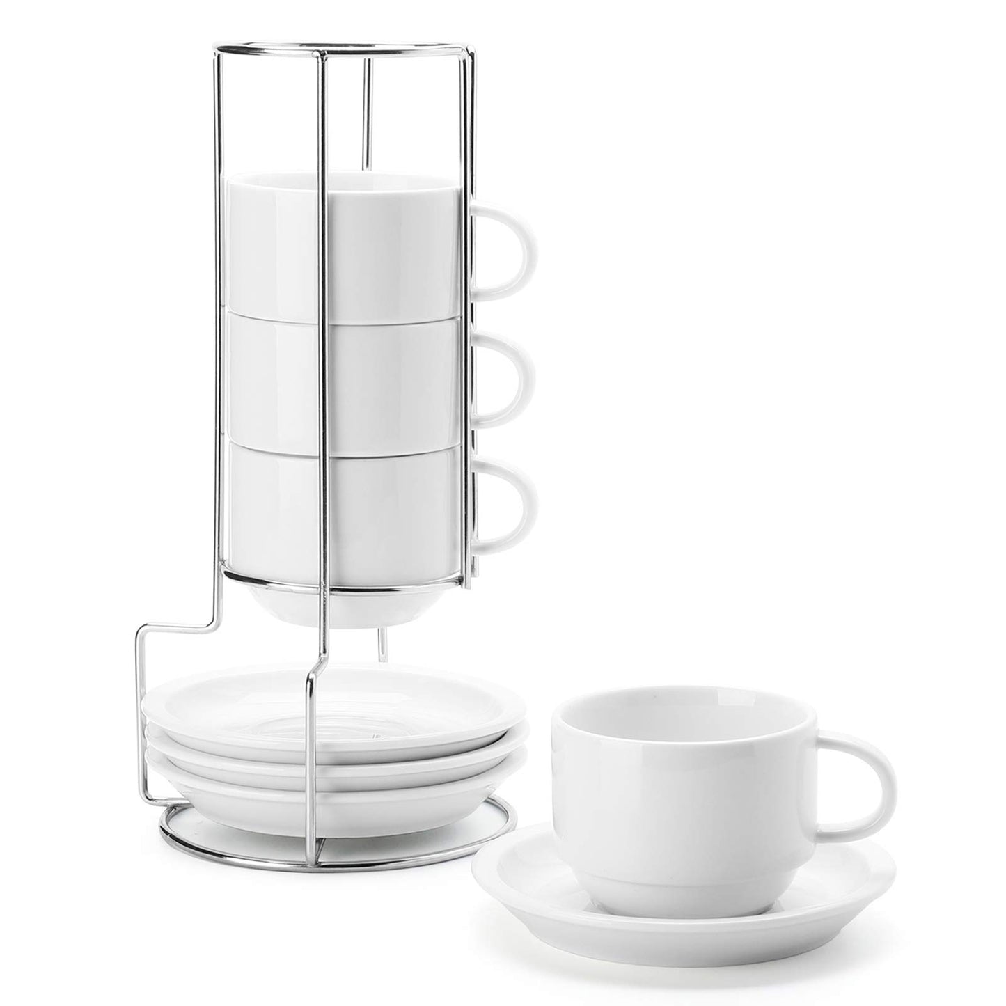 Sweese 8 Ounce Porcelain Stackable Cappuccino Cups with Saucers and Metal Stand - for Specialty