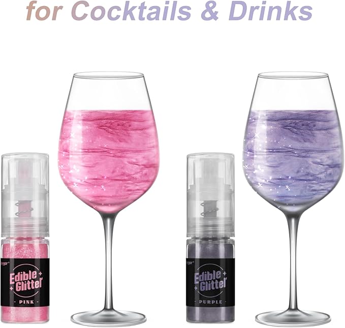 Sujoygar Edible Glitter Spray 2 Colors, Pink and Purple Edible Glitter for Cocktails, Shimmer Powder Luster Dust Edible for Cake Drink Strawberrie Cupcake Cookies Wedding Baking Decoretion, Vegan(5g/Bottle)