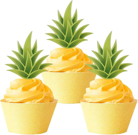 24Pcs Pineapple Cupcake Toppers, Tropical Cupcake Topper Aloha Decorations for Luau Hawaiian Theme Baby Shower Pineapple Birthday Party Supplies(Pineapple)