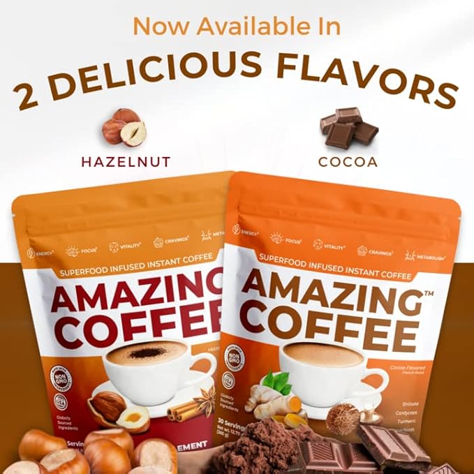Superfoods Company |Amazing Coffee - Instant French Roast | Adaptogenic Mushrooms, Superfoods infused - Energy, Focus, Digestion, Immunity - 30 Servings - Cocoa Flavor