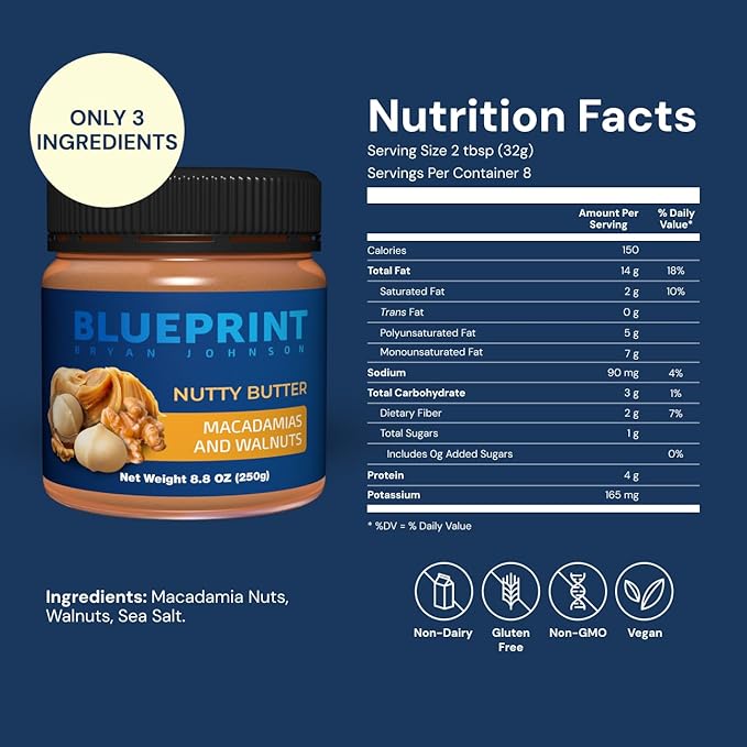 Blueprint Bryan Johnson Nutty Butter ??Chunky Macadamia Nut Butter with Walnut ??No Palm Oil, No Added Sugar ??Just 3 Ingredient Nut Butter??Keto, Vegan, Paleo ??Low Carb Nut Butter Snack ??8.8oz Jar