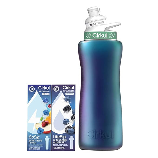Cirkul 32oz. Chameleon Stainless Steel Water Bottle Starter Kit with Green Lid, 2 Flavor Cartridges (1 LifeSip Blackberry Blueberry, 1 GoSip Berry Blue Punch) No Sugar, Zero Calorie Drink Mix
