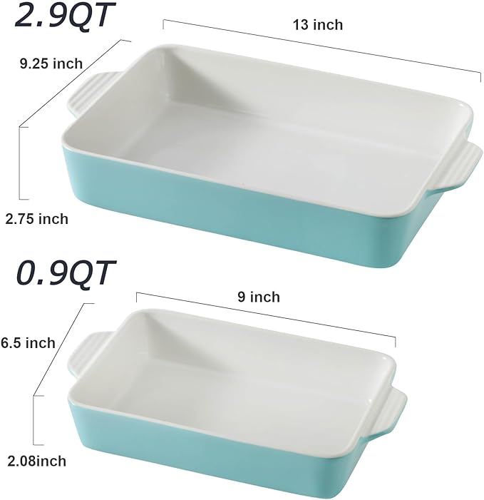 Ceramic Baking Casserole Dish with Handles, Large 9x13 inch Pan and Middle Baking Pan - Porcelain Serving Bakeware Set (Light Blue)