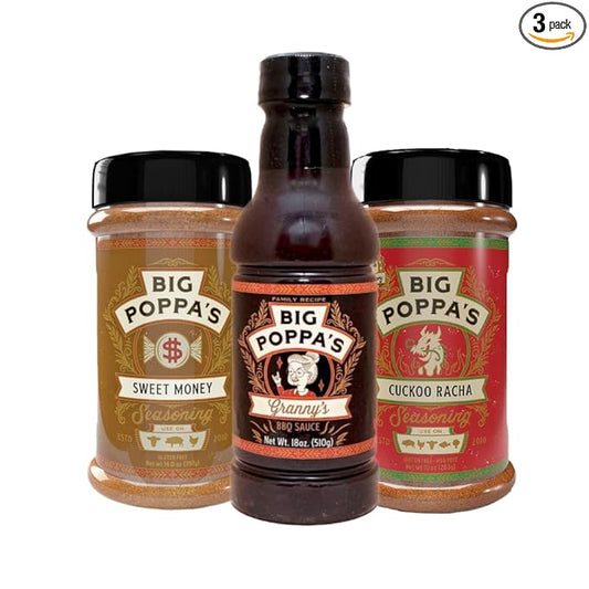 Big Poppa’s Spice & Sauce Celebration BBQ seasoning set – Sweet & Spicy Chili Seasoning Rub, Kansas City BBQ Sauce & Outstanding Honey Garlic Seasoning – 3-Pack Flavor Bundle for Ribs, Chicken & Pork