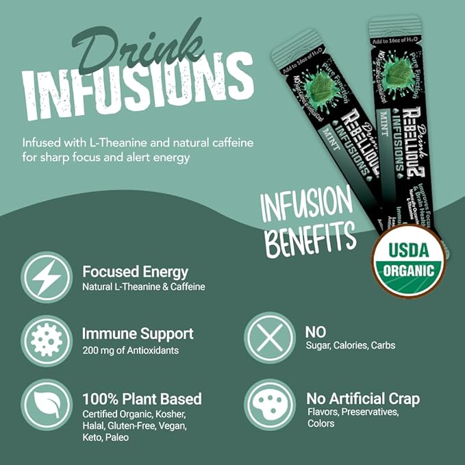 Rebellious Organic Energy Drink Mix Pure Function Bundle (4 Diffent Packs, 10 Counts on Each Pack) ??0 Calories, Sugar Free, Loaded with Antioxidants, L-Theanine, and Natural Caffeine ??40 Counts
