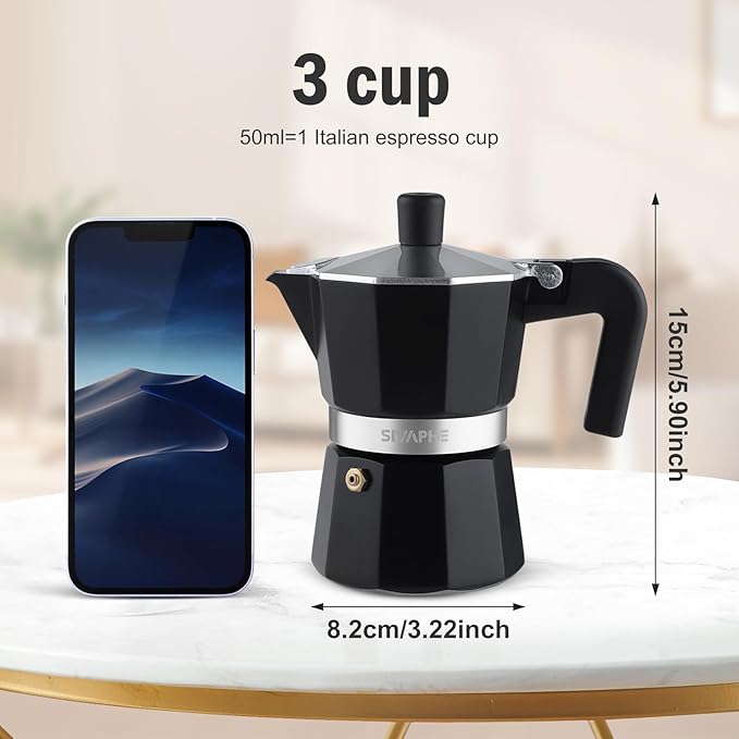 Sivaphe Aluminum Moka Pot 3 Espresso Cups, Percolator Espresso and Coffee Maker, Portable Stovetop Italian and Cuban Cafì±?Brewer for Home and Camping Black