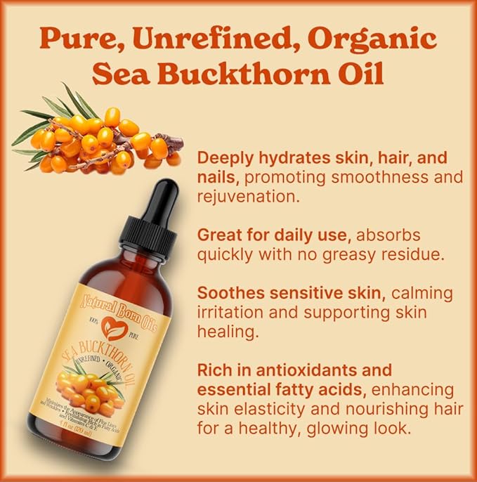 Natural Born Oils 16oz Sea Buckthorn Oil, 100% Pure and Natural, Organic, Cold-pressed, Unrefined, Revitalizing, Includes Pump & Dropper 16-Sea-Buck 0