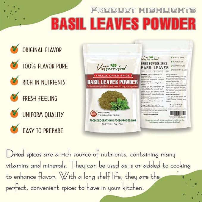 BASIL LEAVES POWDER 2.47 Oz (70g) VIETFARMFOOD: Pure, natural freeze-dried spice made from real vegetables and fruits - perfect for enhancing every meal, from cooking, baking, salads, soups, sauces