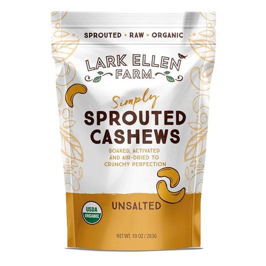 Lark Ellen Farm Sprouted Organic Certifed Cashews Unsalted - 10 oz Bag, Non GMO, Keto Snacks, Paleo, Gluten Free, Vegan, Organic, Plant Based, High Protein, Low Glycemic Index, Peanut Free Facility??,<div>