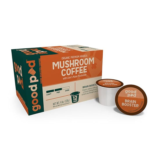 goodPOD Brain Booster Single Serve Coffee K Cup Pods, Organic Arabica Coffee with Lions Mane Mushrooms, Medium Roast, 12 Count