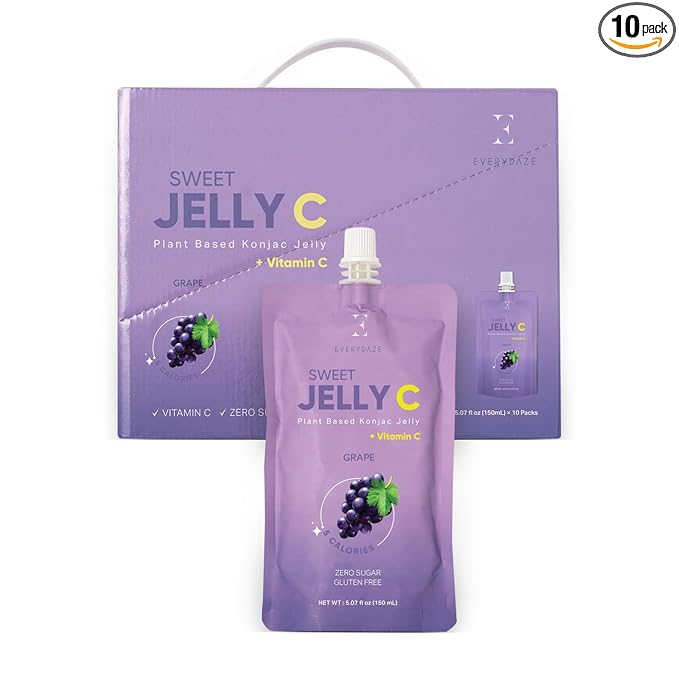 EVERYDAZE Sweet Jelly C Konjac Jelly | Vegan, Gluten Free, Sugar Free, Low Calorie | Healthy Drinkable Fruit Snack | 10 Pack Box Food Drink Pouch (Grape)