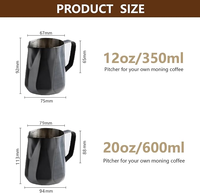 Milk Frothing Pitcher, 350ml/600ml Milk Frothing Cup Stainless Steel Kettle (12oz/20oz) Coffee Bar Cappuccino Espresso Machine Accessories Barista Tools (20oz)