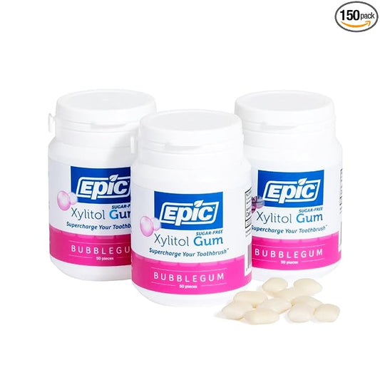 Epic 100% Xylitol Bubblegum Chewing Gum - Sugar Free, Aspartame Free Dental Gum - Supports Oral Health & Fresh Breath - 50 Pieces (Pack of 3)