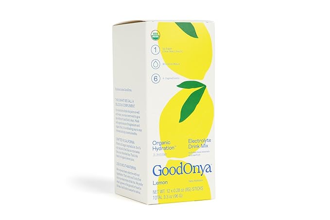 GOODONYA Organic Hydration Electrolyte Drink Mix, Certified Organic Hydration Powder, Non-GMO, Biochecked Glyphosate Free, Low Sugar, Lemonade Flavor, No Artificial Flavors,12 Stick Packs