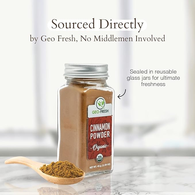 Geo-Fresh Organic Cinnamon Powder ??1.59 oz Glass Jar ??Cassia Cinnamon Powder Organic ??USDA Certified ??Non-GMO, Kosher, Gluten-Free ??Premium Spice for Baking, Cooking, Coffee