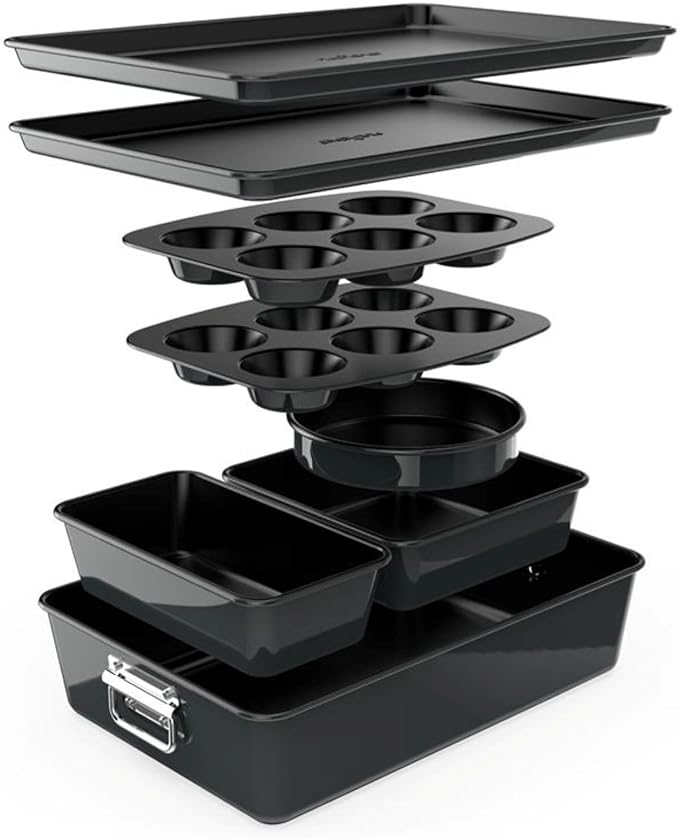 NutriChef 8-Piece Stackable Nonstick Bakeware Set - Premium Steel Baking Tray Set - Includes Round Cake Pan, 6-Cup Muffin Pans, Wide/Square Brownie & Loaf Pans, Cookie Sheet, & Roaster Pan (Black)