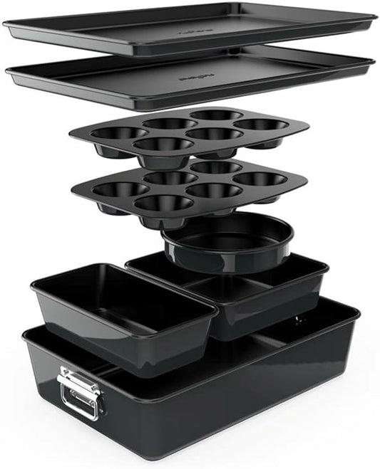 NutriChef 8-Piece Stackable Nonstick Bakeware Set - Premium Steel Baking Tray Set - Includes Round Cake Pan, 6-Cup Muffin Pans, Wide/Square Brownie & Loaf Pans, Cookie Sheet, & Roaster Pan (Black)