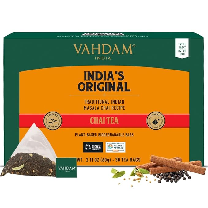 VAHDAM, India's Original Masala Chai Tea (30 Pyramid Tea Bags) Non GMO, Gluten Free, No Artificial Flavors | Blended w/Exotic Spices | Chai Tea Bags | Resealable Ziplock Pouch