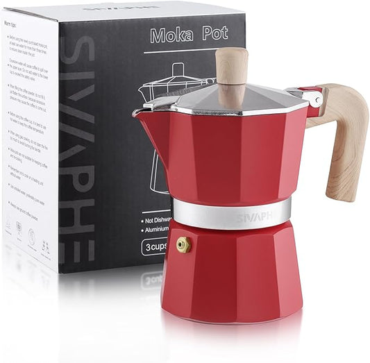 Sivaphe Aluminum Moka Pot 3 Espresso Cups, Percolator Espresso and Coffee Maker, Portable Stovetop Italian and Cuban Cafì±?Brewer for Home and Camping Red