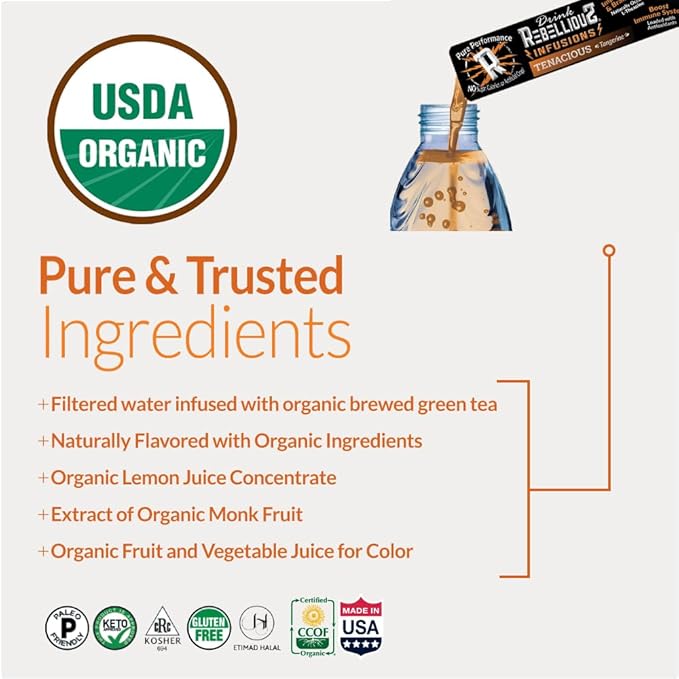 Rebellious Tenacious Tangerine Organic Drink Mix ??Zero Calorie Energy Drink Mix | Monk Fruit & Green Tea Extract | L-Theanine + Natural Caffeine | 100% Plant-Based | Pack of 10 | Keto,Gluten-Free