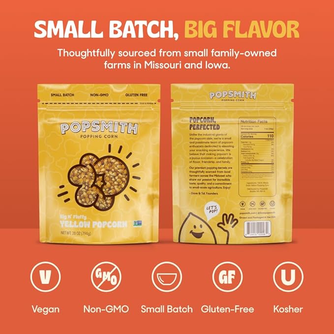 Popsmith - 28oz Pouch Yellow Popcorn Kernels for Popping - Grown in USA, Non-GMO, Vegan, and All-Natural - Unpopped Popcorn Kernels for Stovetop Popcorn Machine