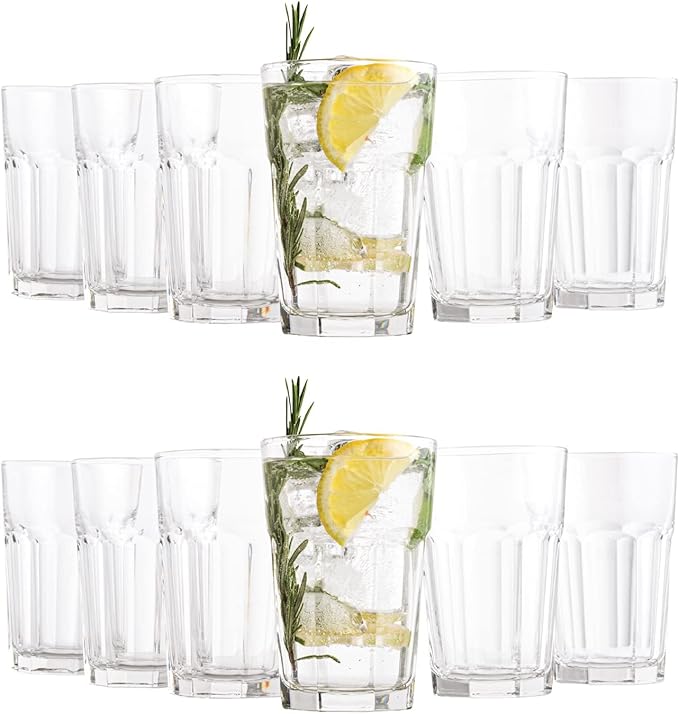 Vikko Large Drinking Glasses, 14 Ounce Glass Cups, Durable Glasses Drinking Set of 12, Stackable Water Glasses, Highball Glasses, Heavy Base Tumblers & Water Glasses, Dishwasher Safe Cups for Kitchen