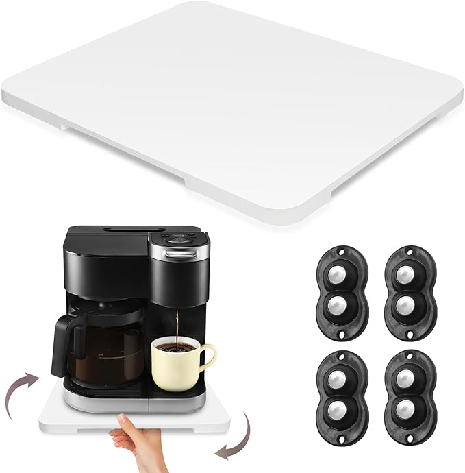 360째 Rolling Tray Bamboo Appliance Slider for Kitchen Appliances, Coffee Maker Mat Tray for Countertops Sliding Tray for Coffee Maker Appliances Mat Easily from Under The Cabinet White 11.6횞13.9