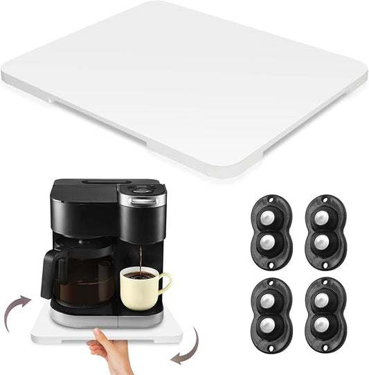 360째 Rolling Tray Bamboo Appliance Slider for Kitchen Appliances, Coffee Maker Mat Tray for Countertops Sliding Tray for Coffee Maker Appliances Mat Easily from Under The Cabinet White 11.6횞13.9