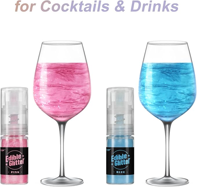 Sujoygar Edible Glitter Spray 2 Colors, Pink and Blue Edible Glitter for Cocktails, Shimmer Powder Luster Dust Edible for Cake Drink Strawberrie Cupcake Cookies Mermaid Baking Decoretion, Vegan(5g/Bottle)