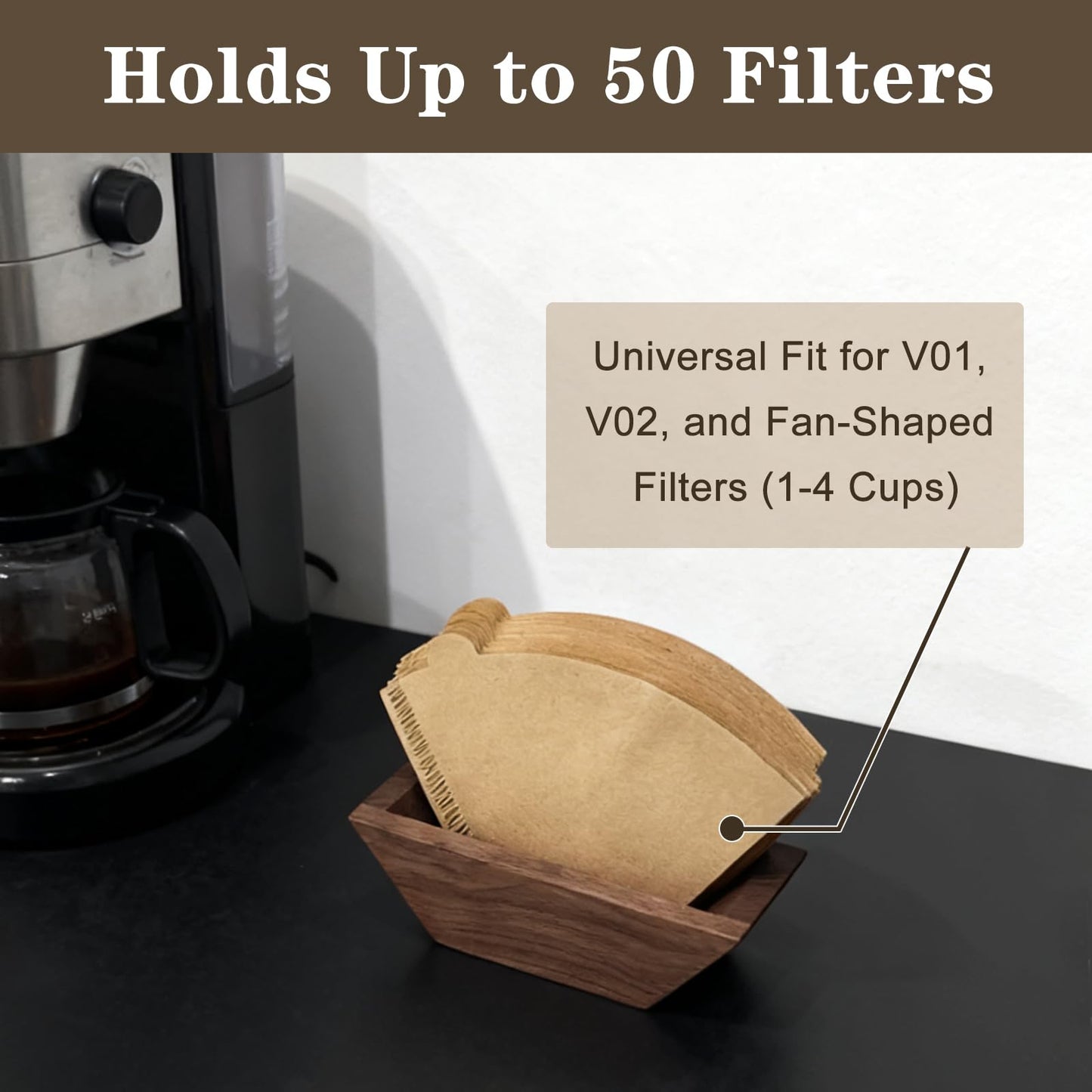 Magnetic Coffee Filter Holder, Solid Walnut, Holds Up to 100 Cone Filters