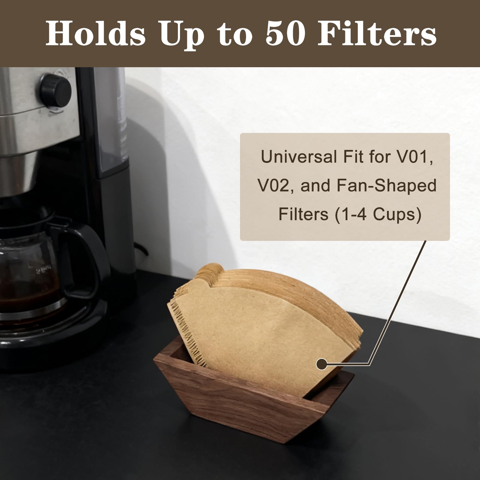 Magnetic Coffee Filter Holder, Solid Walnut, Holds Up to 100 Cone Filters