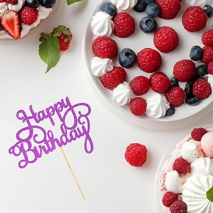 1 PCS Happy Birthday Cake Topper Glitter Purple Anniversary Cake Picks Happy Birthday Cake Decorations for Baby Shower Celebrating Birthday Party Decorations Supplies