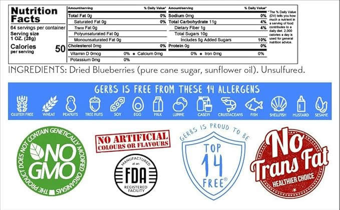 Gerbs Dried Blueberries 4 lbs. | Unsulfured, No Additives, Resealable Bag | Naturally Sweet & Tart | Top 14 Allergen-Free