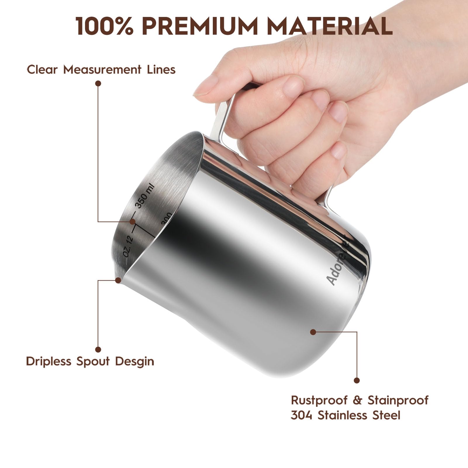 Milk Frothing Pitcher, 8.5oz/12oz/20oz/32oz/50oz/66oz Milk Frother Cup Stainless Steel, Espresso