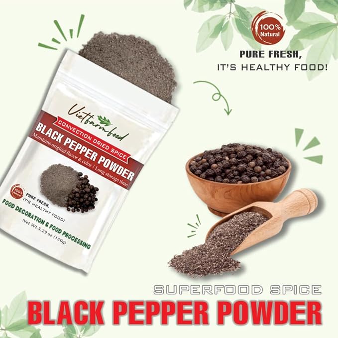 BLACK PEPPER POWDER 5.29 Oz (150g) VIETFARMFOOD: Natural pure, convection dried seasoning made from real vegetables - perfect for adding flavor to any meal, from cooking, baking, salads, soups, sauces