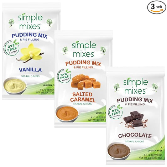 Simple Mixes Natural Instant Pudding & Pie Filling Mix, Vanilla, Chocolate, Salted Caramel, Gluten and Dye-Free, No Fat, or Lactose, Kosher, Variety 3 Pack