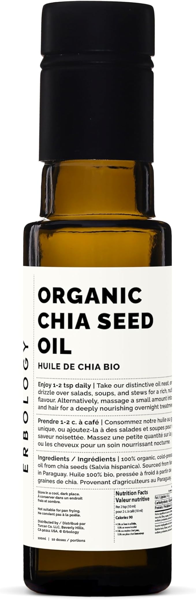 Erbology Organic Chia Seed Oil 3.4 fl oz - Cold-Pressed - Rich in Omega-3 (66%) and Vitamin E (330% RI) - No Additives or Preservatives - Sustainably Sourced - Vegan - GMO-Free