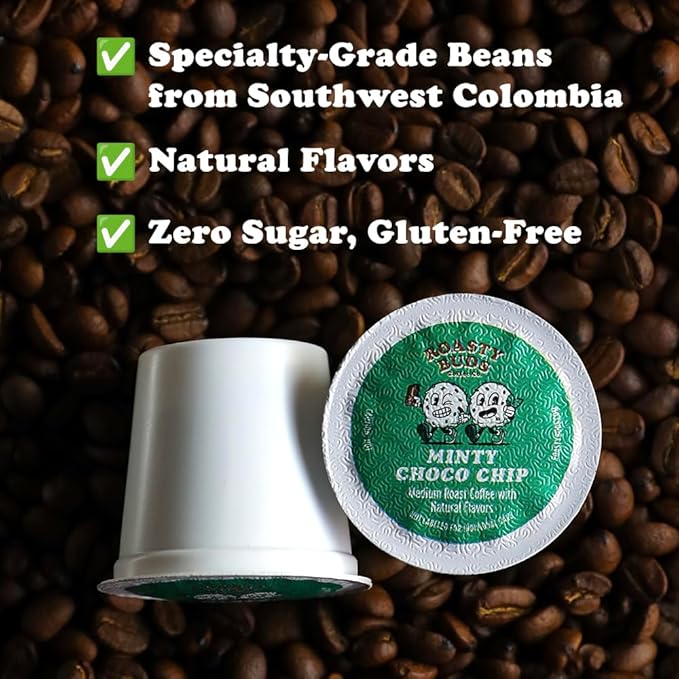 Roasty Buds Coffee Mint Chocolate Chip Pods 18 Count | Single-Serve 11g Per Pod | Recyclable, Gluten-Free, Non-GMO, No Sugar/Dairy/Soy/Egg (18 Count, Minty Choco Chip)