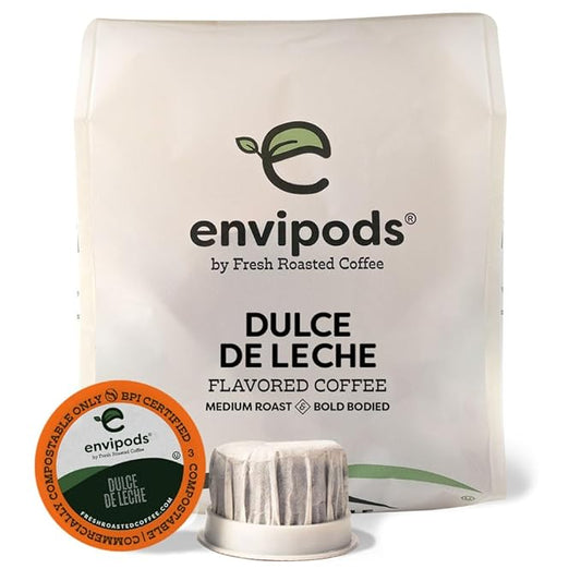 Fresh Roasted Coffee, Dulce de Leche Flavored Compostable envipods, Medium Roast, Kosher, 12 Count, Fresh Roasted Coffee,for Keurig K Cup Brewers | Not for use in Ninja or Hamilton Beach Brewers