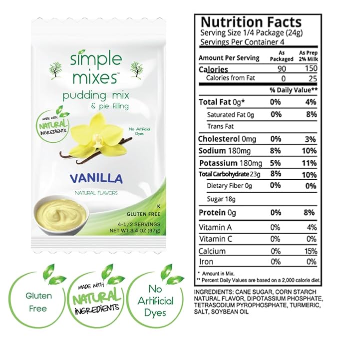 Simple Mixes Natural Instant Pudding & Pie Filling Mix, Healthy Snack, Vanilla, Gluten and Dye Free, No Fat, or Lactose, Kosher, 6 Pack