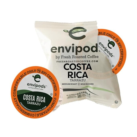 Fresh Roasted Coffee, Costa Rica Tarrazu Compostable envipods, Medium Roast, Kosher, 36 Count Individually Wrapped for Keurig K Cup Brewers | Not for use in Ninja or Hamilton Beach Brewers