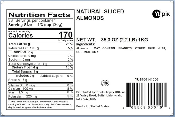 Yupik Sliced California Almonds With Skins, 2.2 lb, Unblanched, Gluten-Free, Kosher, Raw, Good Source Of Protein, Fiber, Iron & Calcium, Low In Carb, Pack of 1