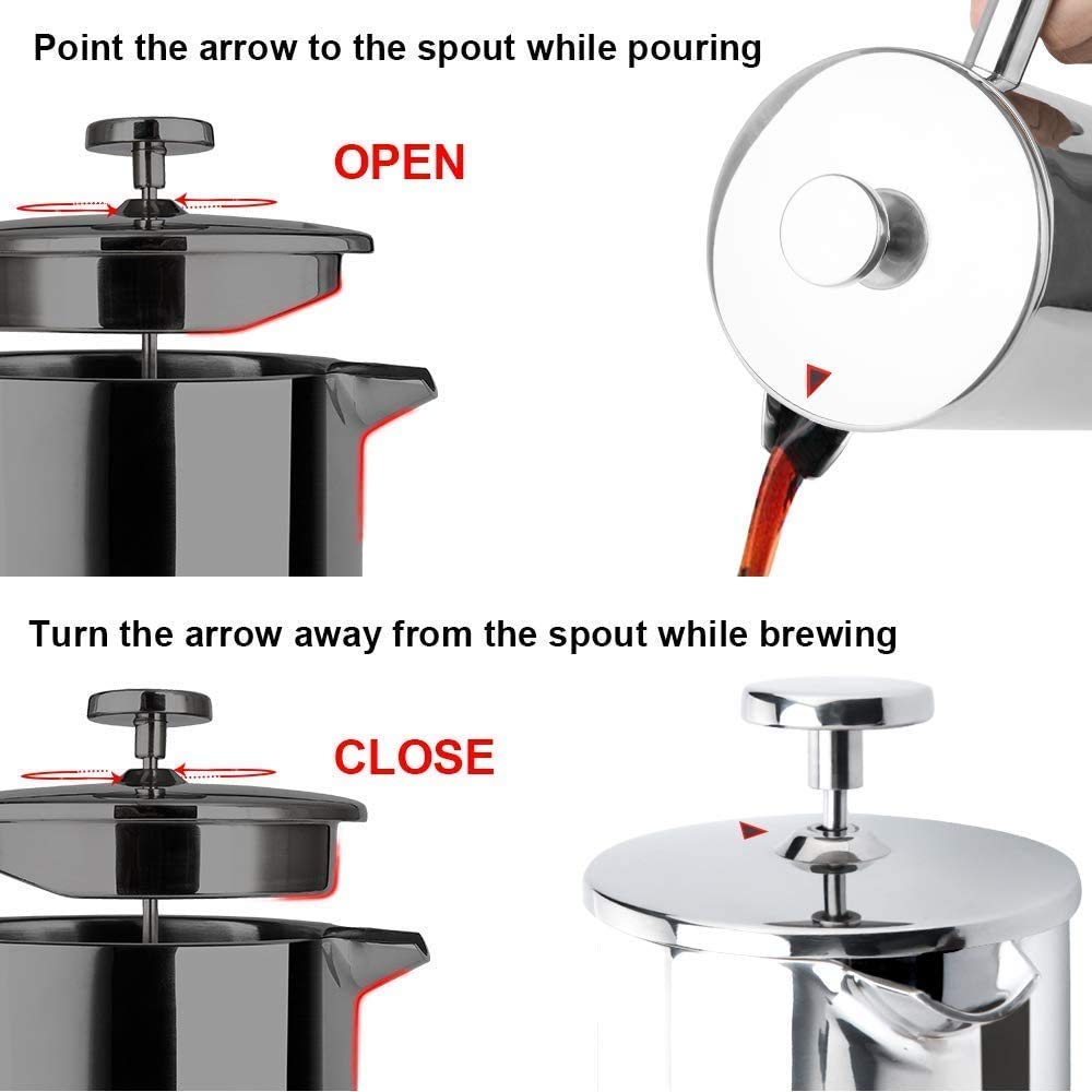 Secura French Press Coffee Maker, 304 Grade Stainless Steel Insulated Coffee Press with 2 Extra