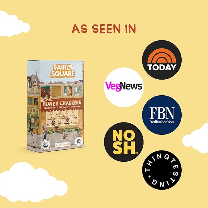 Fair & Square Gluten Free Graham Crackers Powered by Gut Friendly, Prebiotic Banana Flour | Organic, Vegan, Dairy Free, Allergen Friendly, Nut Free, High Calcium, Kosher | 4 oz (Pack of 2) - Honey Graham Crackers