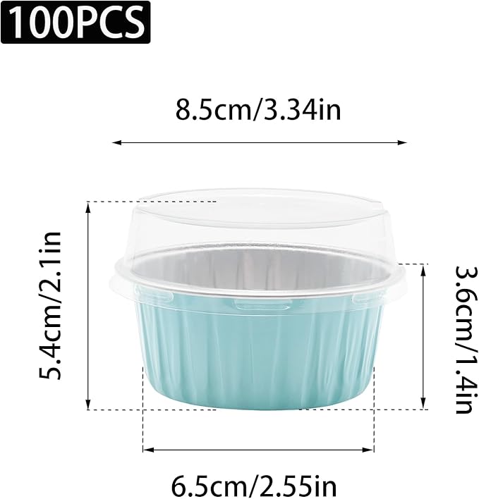 100 Pack 4.2oz Aluminum Cups with Lids Mini Flan Containers with Lids Cupcake Baking Cups, Blue