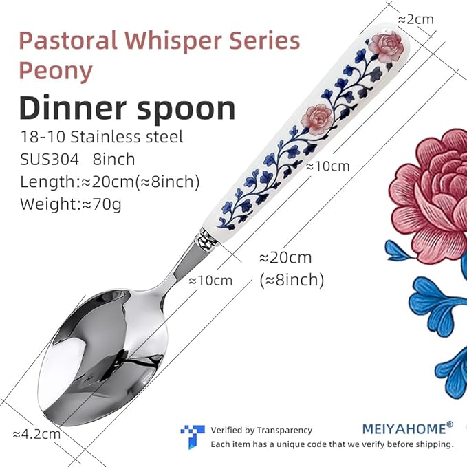20cm 8inch Dinner Spoon 18-10 Stainless Steel Mirror Smooth Polished Ceramic Handle,Peony Pastoral Whisper Style Table Spoons, SUS304 Soup Spoon (3 PCS Spoons-Peony)