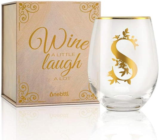 Onebttl Unique Stemless Wine Glasses, Initial Wine Cup for Red or White Wine - 18oz, Monogrammed, Gold - for Women, Girls, Female, Her, Friends, Coworkers, Clients - for Birthday, Christmas