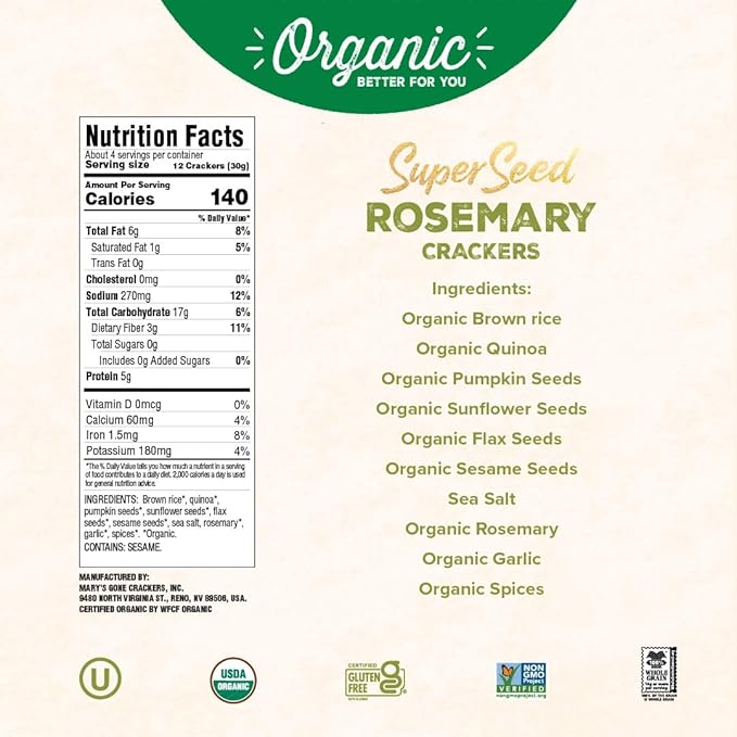 Mary's Gone Crackers Super Seed Crackers, Rosemary, 4 Ounce (Pack of 6), Organic Plant Based Protein, Gluten Free