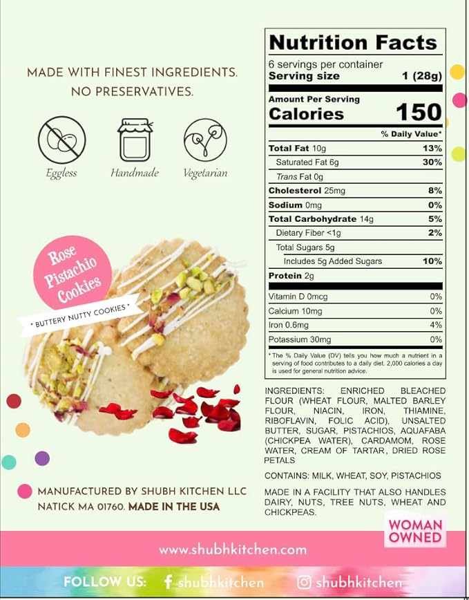 Rose Pistachio Cookies- Gourmet Indian Cookies, 100% Egg-Free & Vegetarian, Handmade with Real Butter & Pistachios, No Preservatives, Authentic Flavor, 6 oz Pack